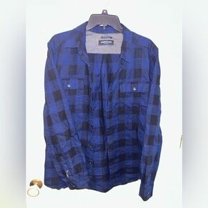 Kenneth Cole Black and Blue Checked Flannel Shirt. Size large
